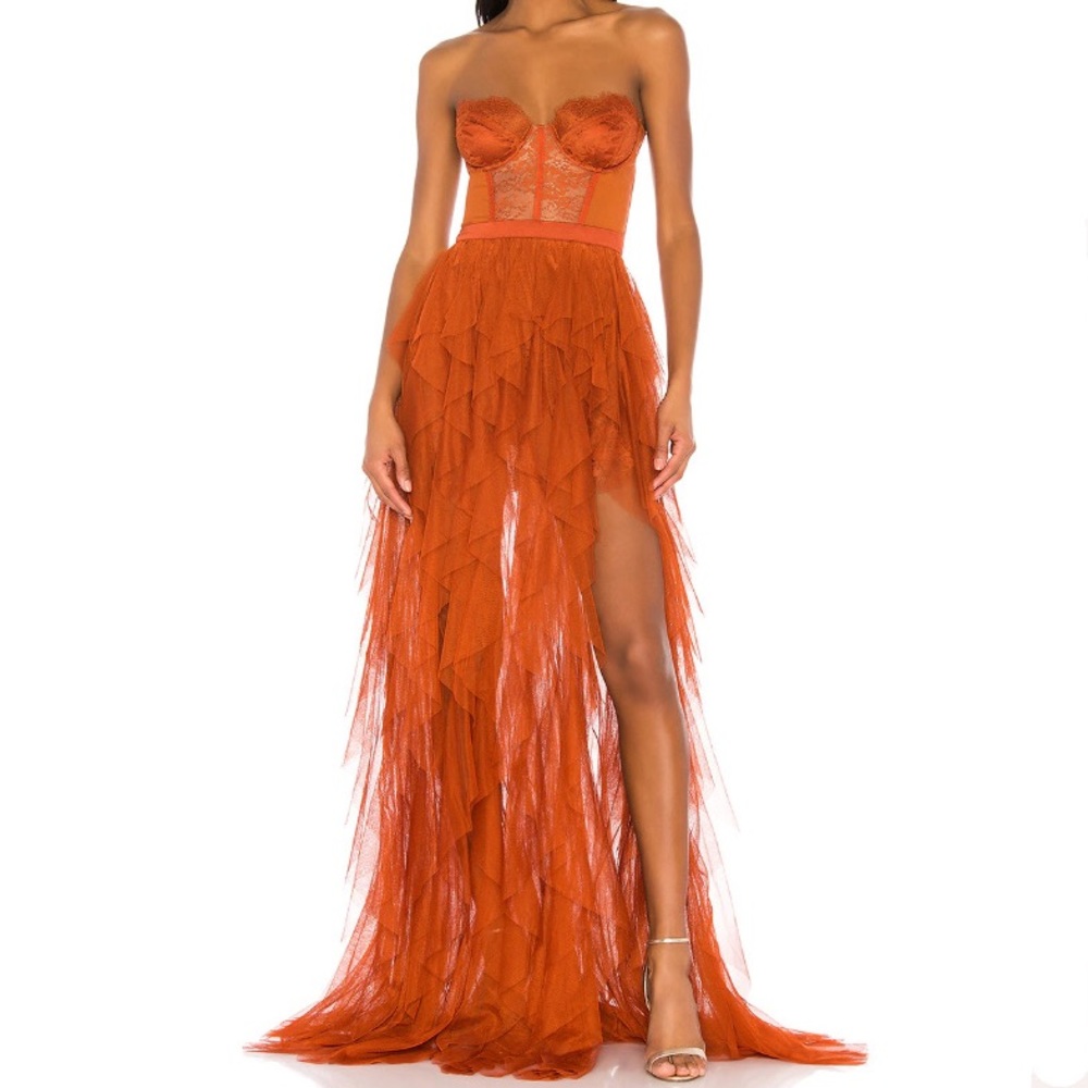 For Love & Lemons X Revolve Bustier Gown in Rust